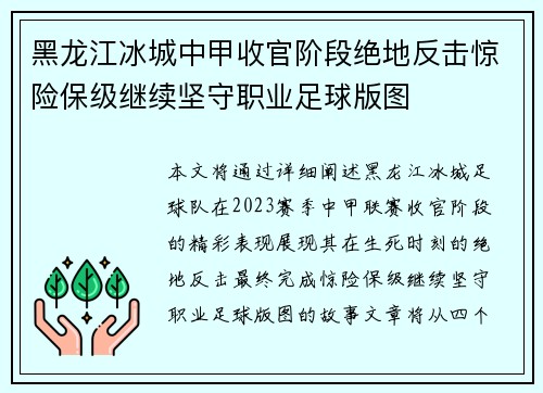 黑龙江冰城中甲收官阶段绝地反击惊险保级继续坚守职业足球版图