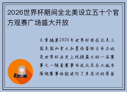 2026世界杯期间全北美设立五十个官方观赛广场盛大开放